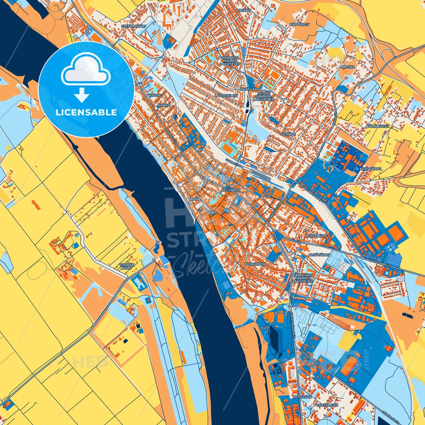 Colorful Vác Street Map with Labels and Buildings