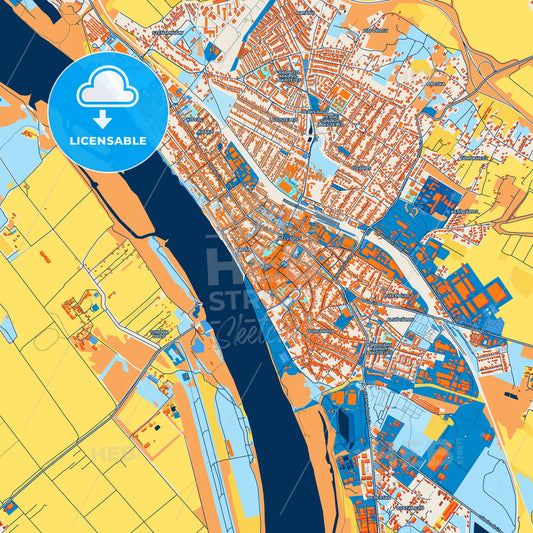 Colorful Vác Street Map with Labels and Buildings