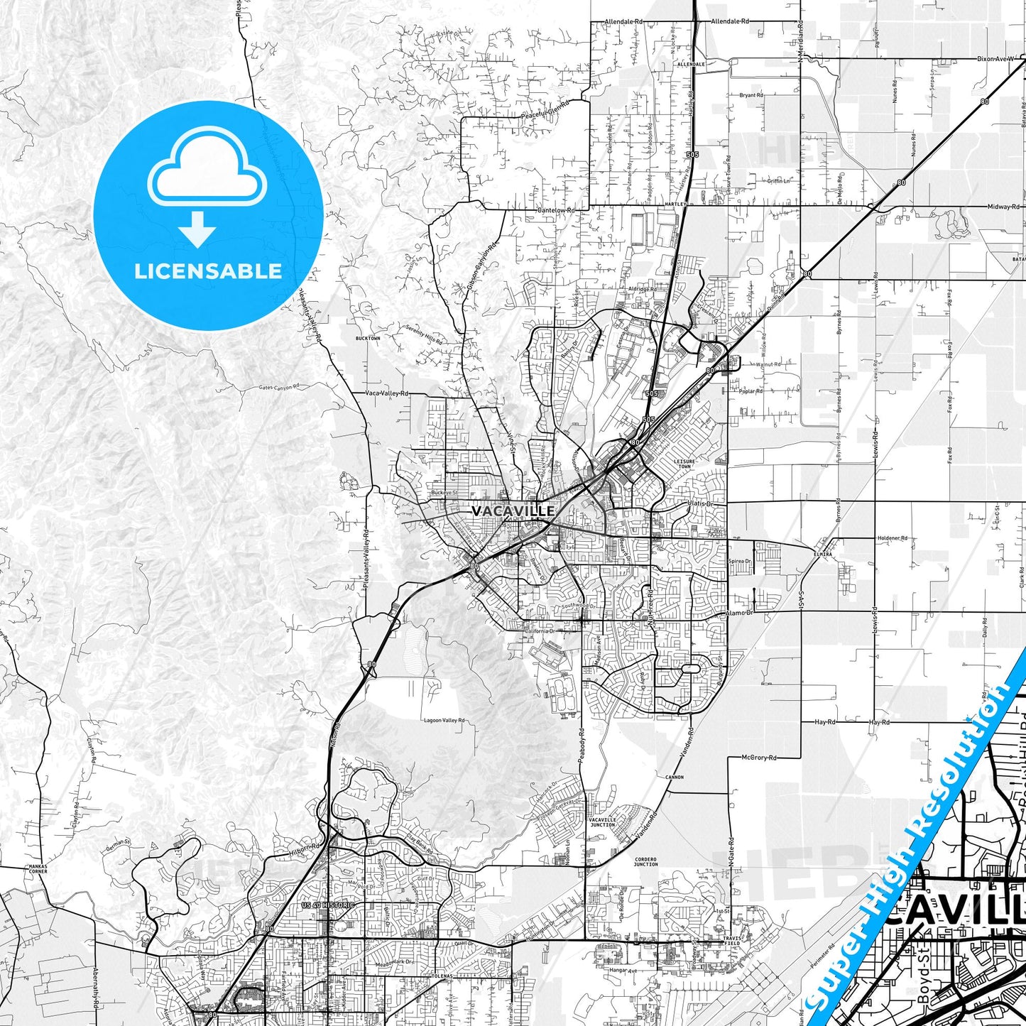 Vacaville, California light map with streetnames, citynames and districts