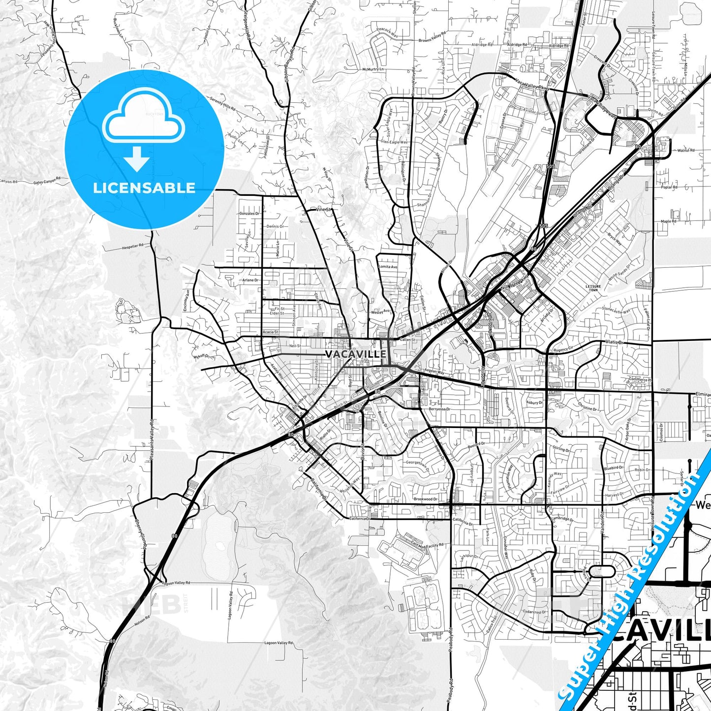 Vacaville, California Light Map with Street Names, City Names, and Districts