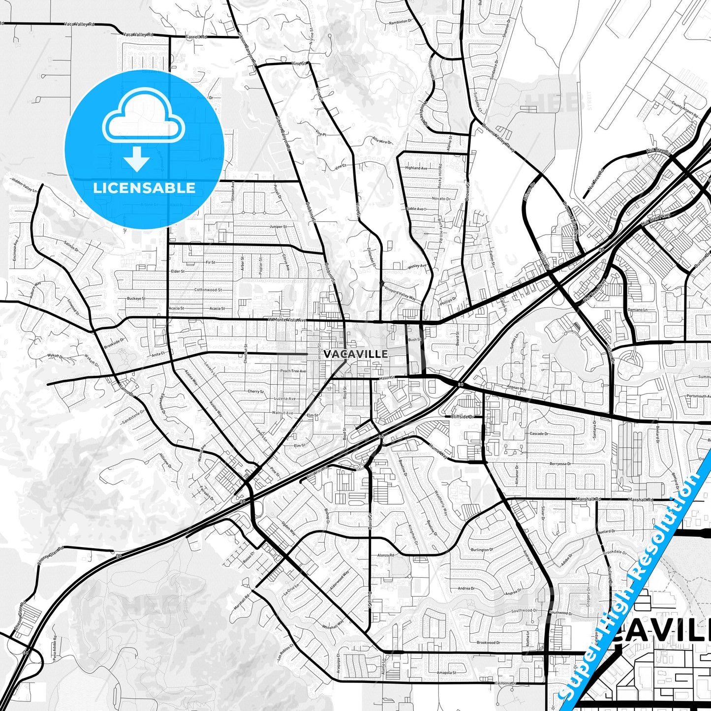 Vacaville, California Light Map with Street Names, City Names, and Districts