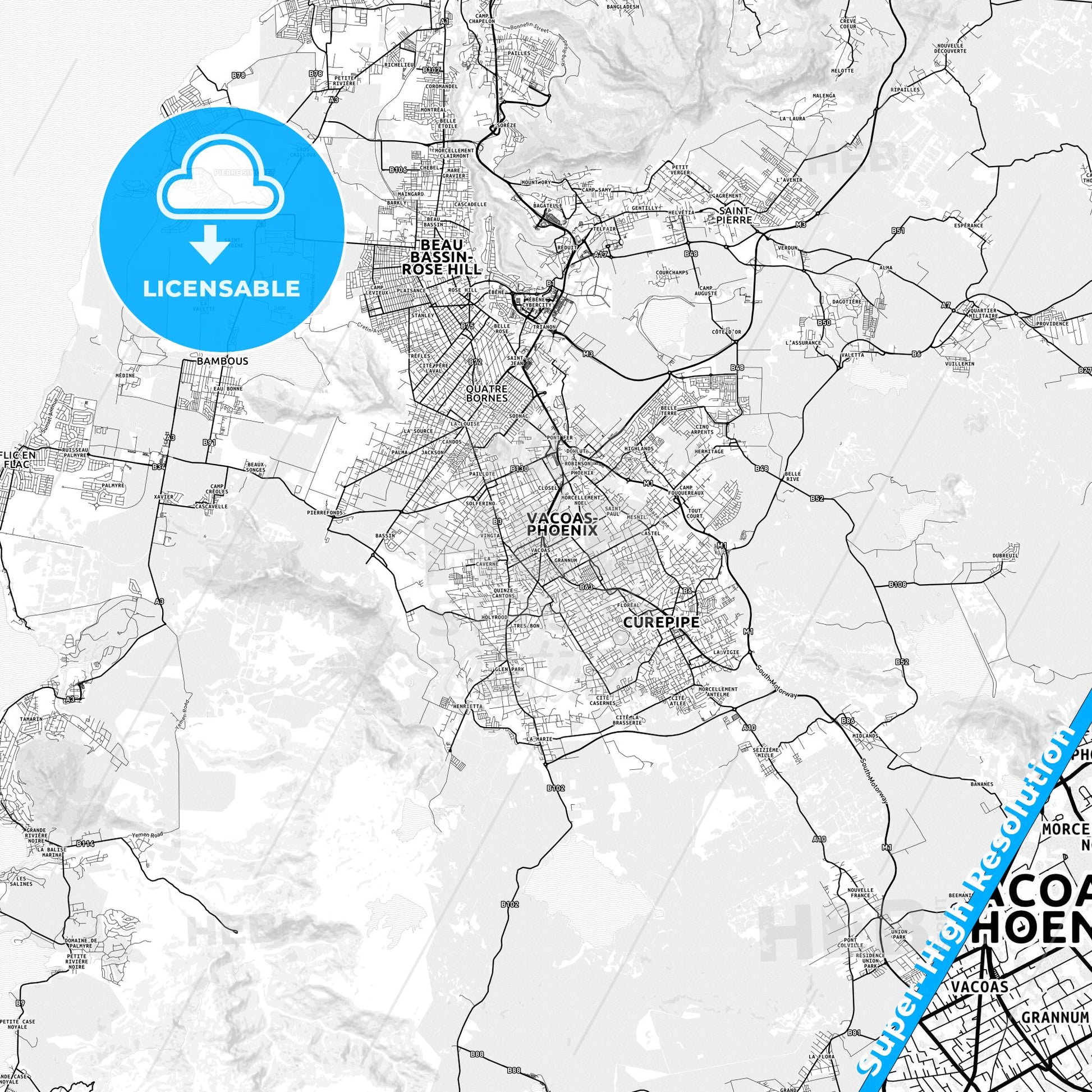 Vacoas, Mauritius light map with streetnames, citynames and districts