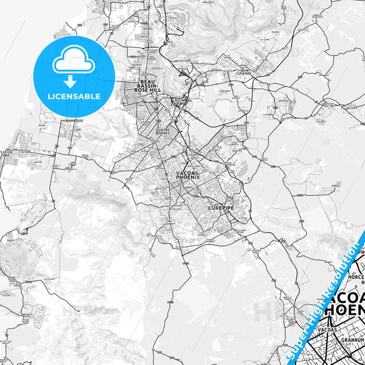 Vacoas, Mauritius light map with streetnames, citynames and districts