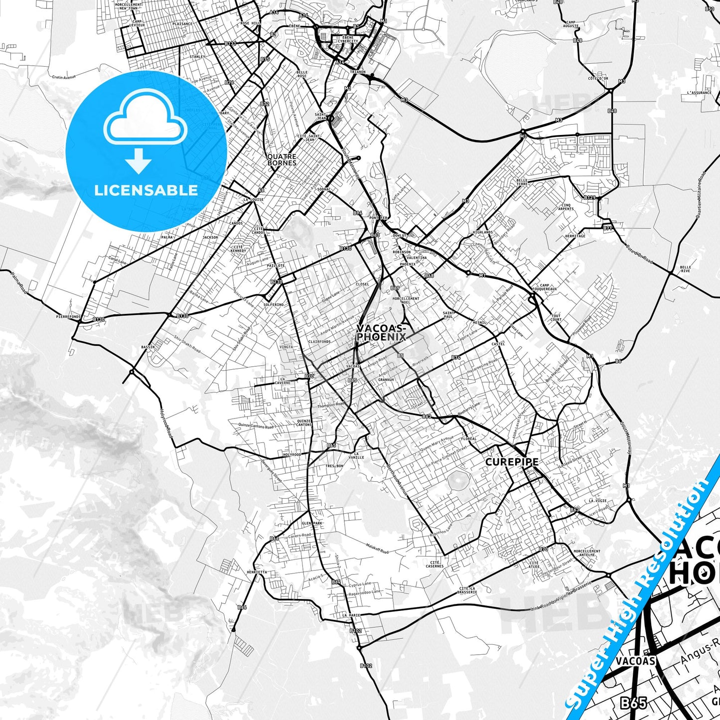 Vacoas, Mauritius Light Map with Street Names, City Names, and Districts