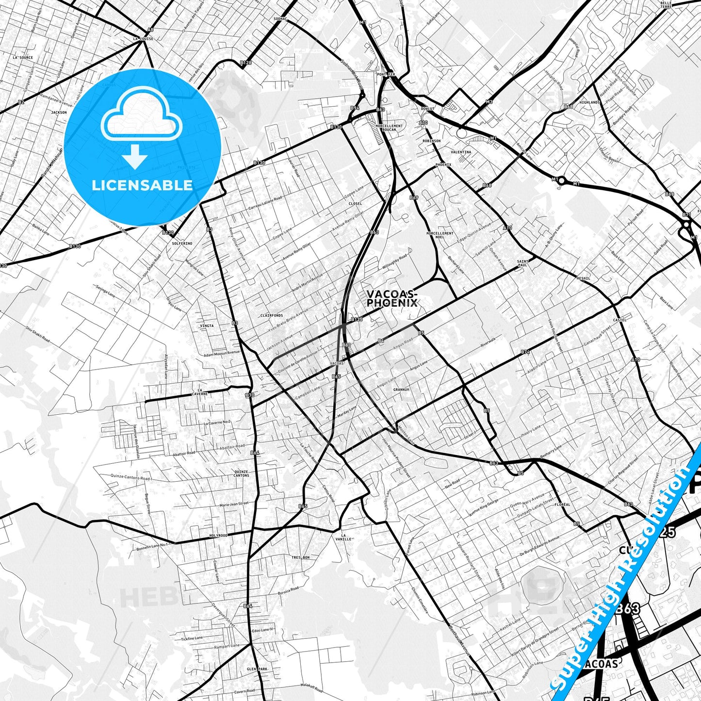 Vacoas, Mauritius Light Map with Street Names, City Names, and Districts
