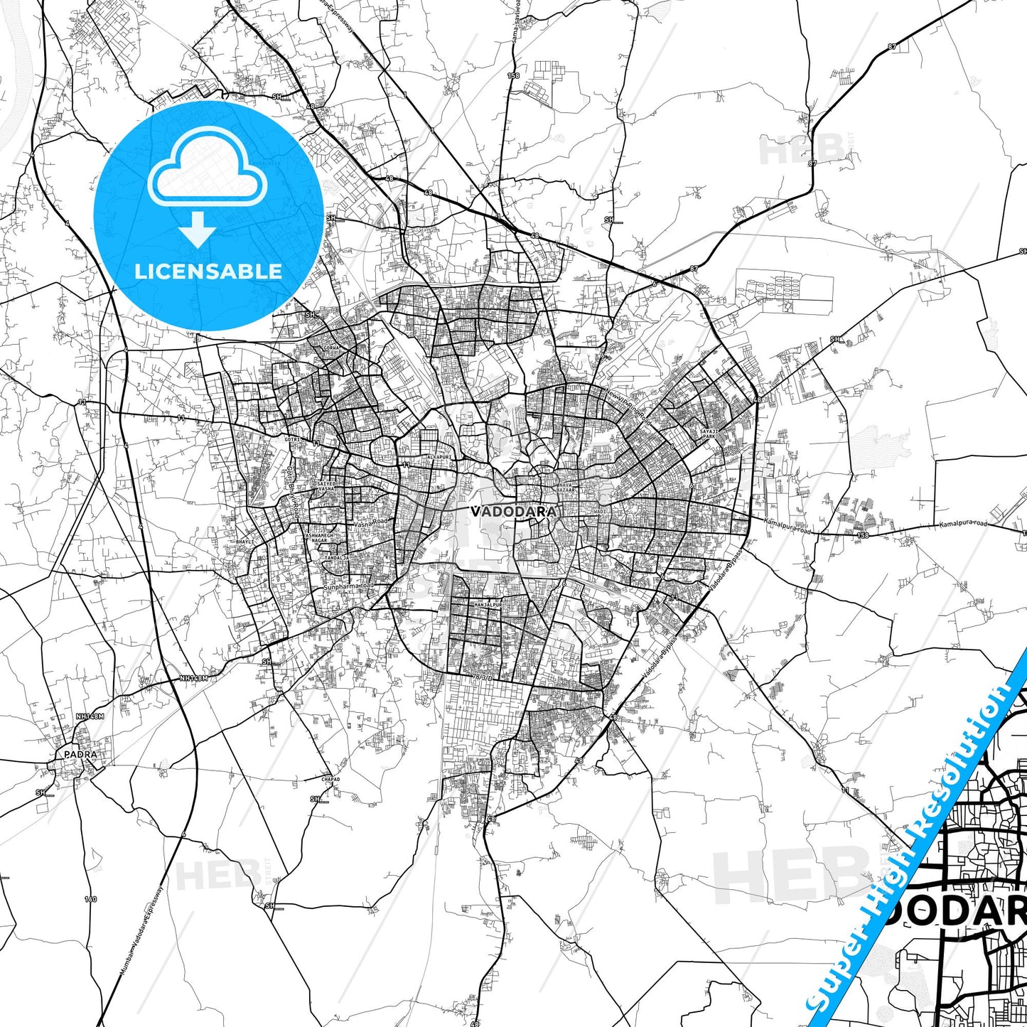 Vadodara, India light map with streetnames, citynames and districts