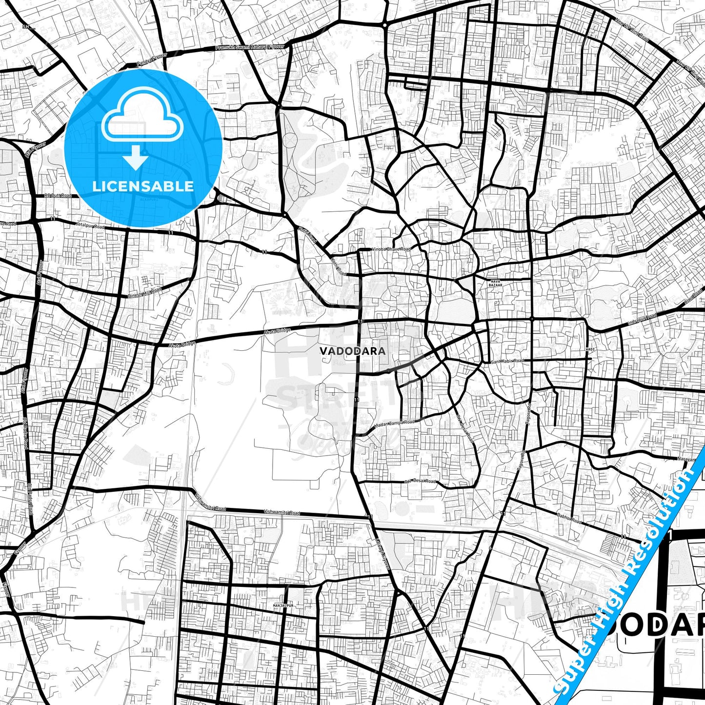 Vadodara, India Light Map with Street Names, City Names, and Districts