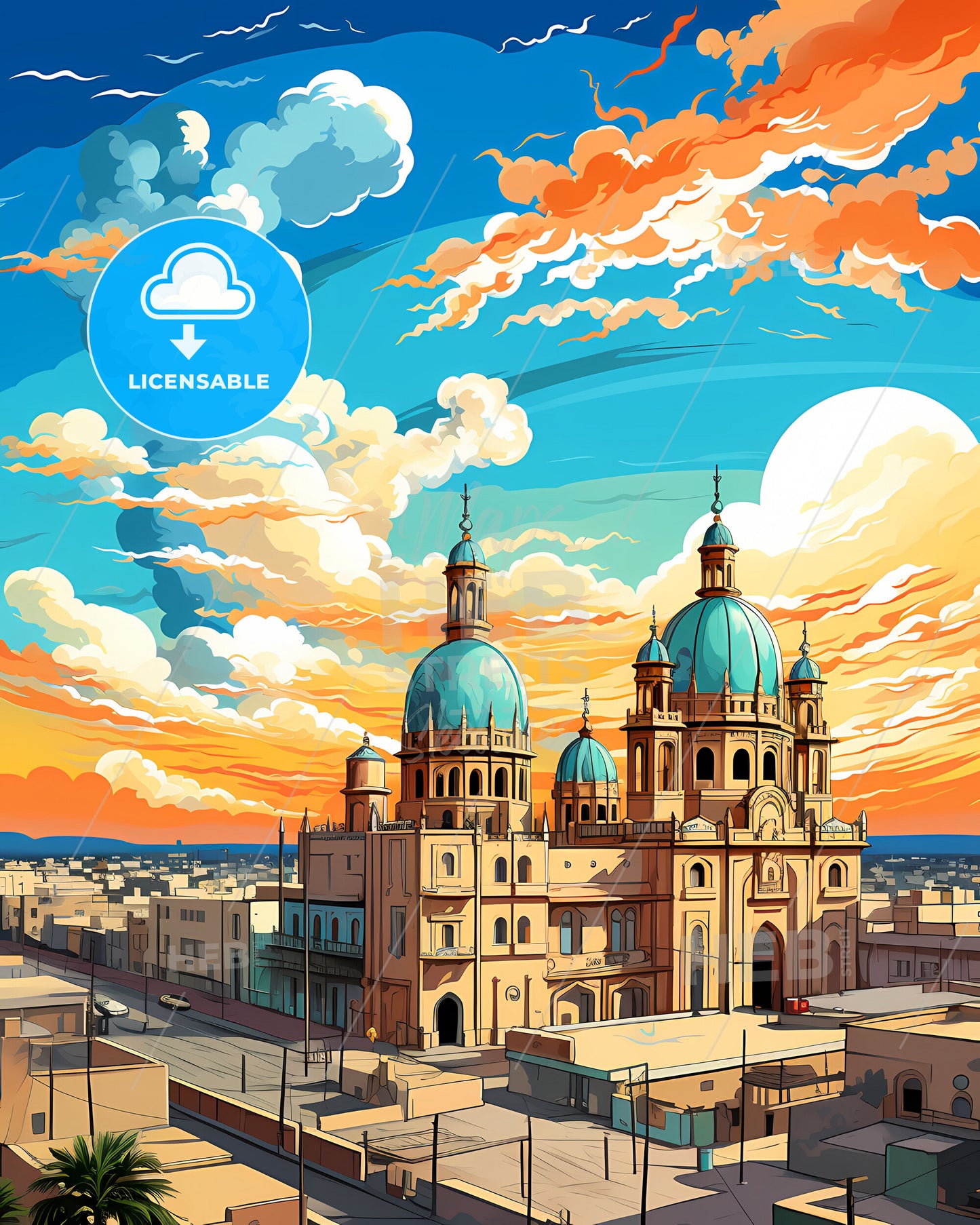 Vibrant Painting of Vadodara India Skyline: Blue Domes and Panoramic City with Sun and Clouds