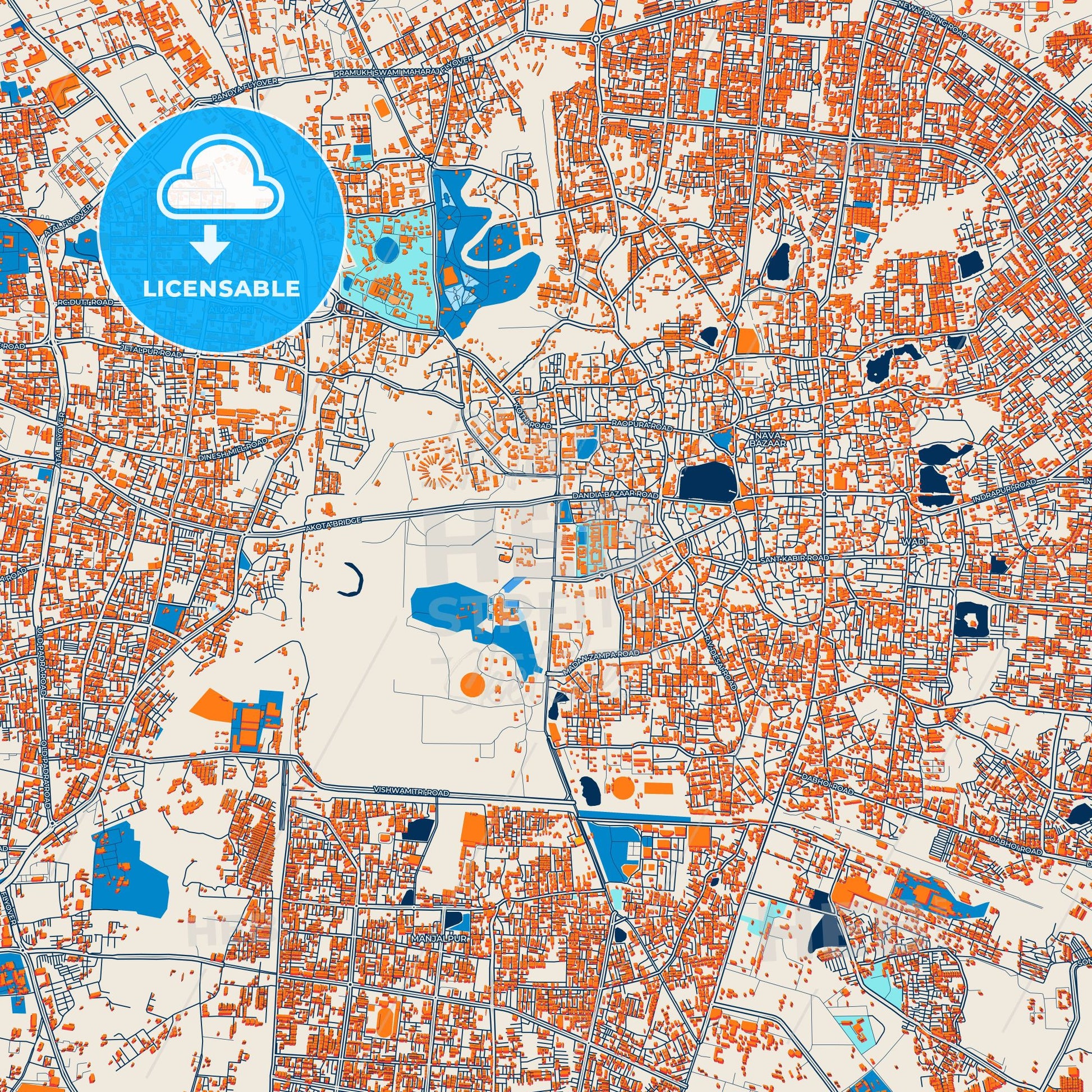 Colorful Vadodara Street Map with Labels and Buildings