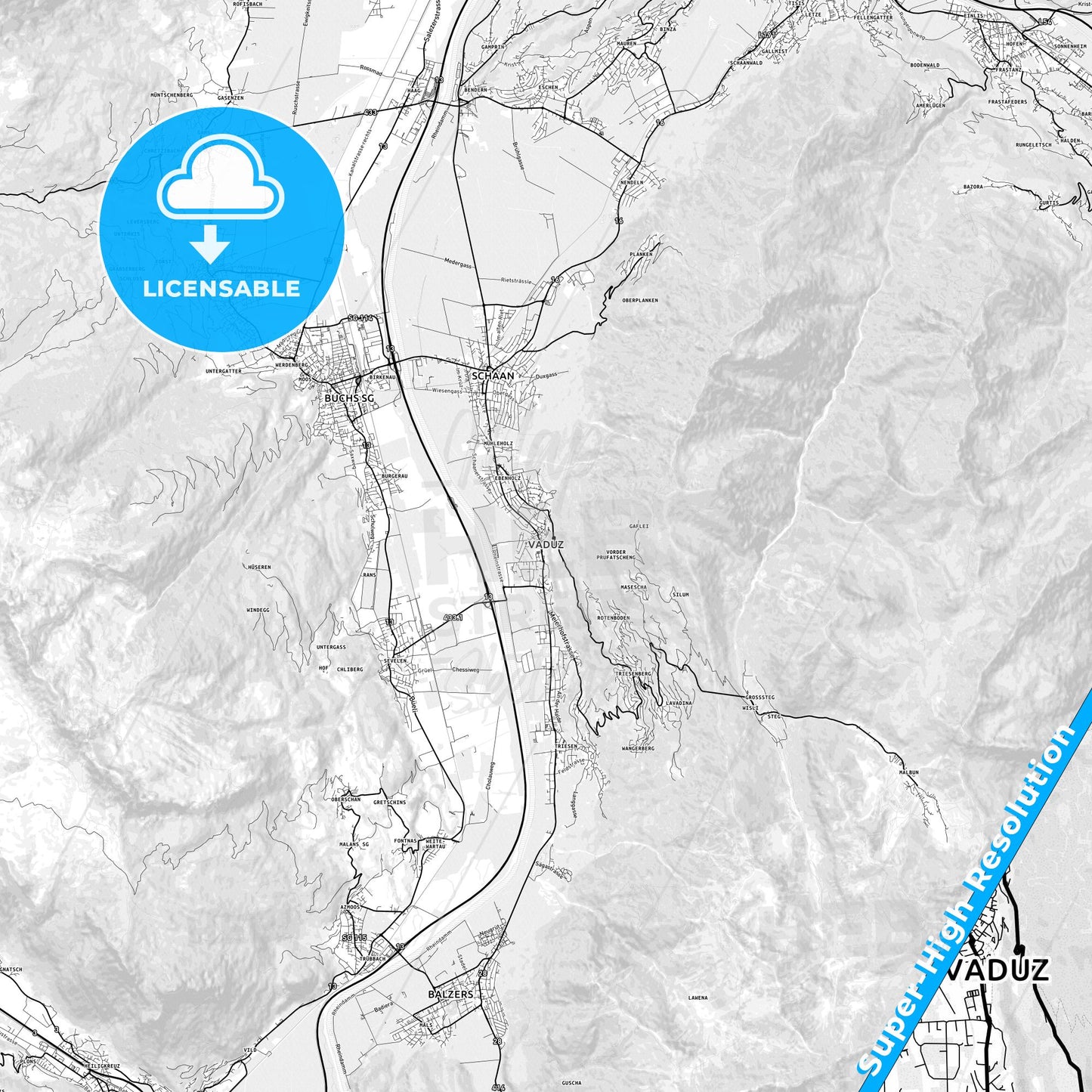 Vaduz, Liechtenstein light map with streetnames, citynames and districts