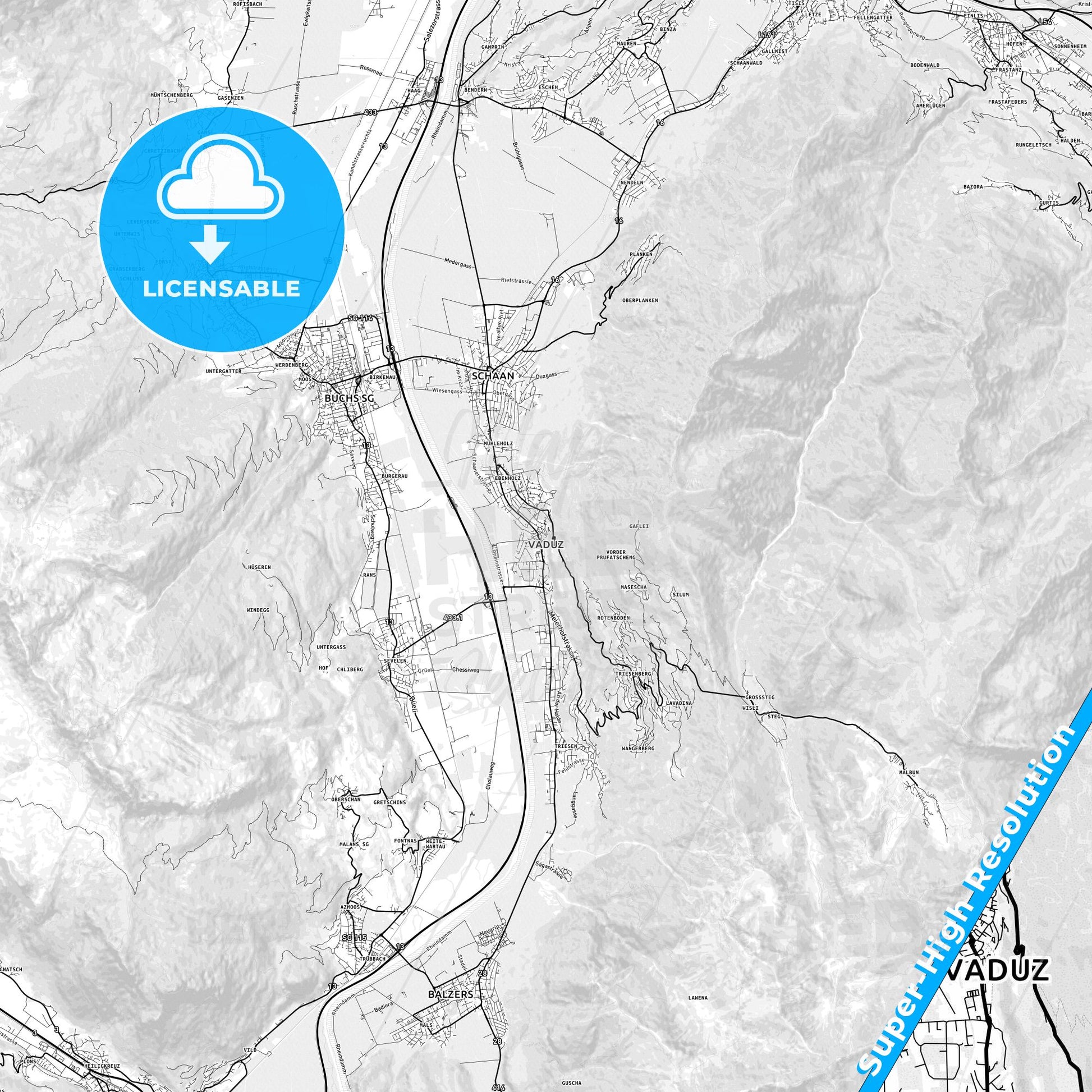 Vaduz, Liechtenstein light map with streetnames, citynames and districts