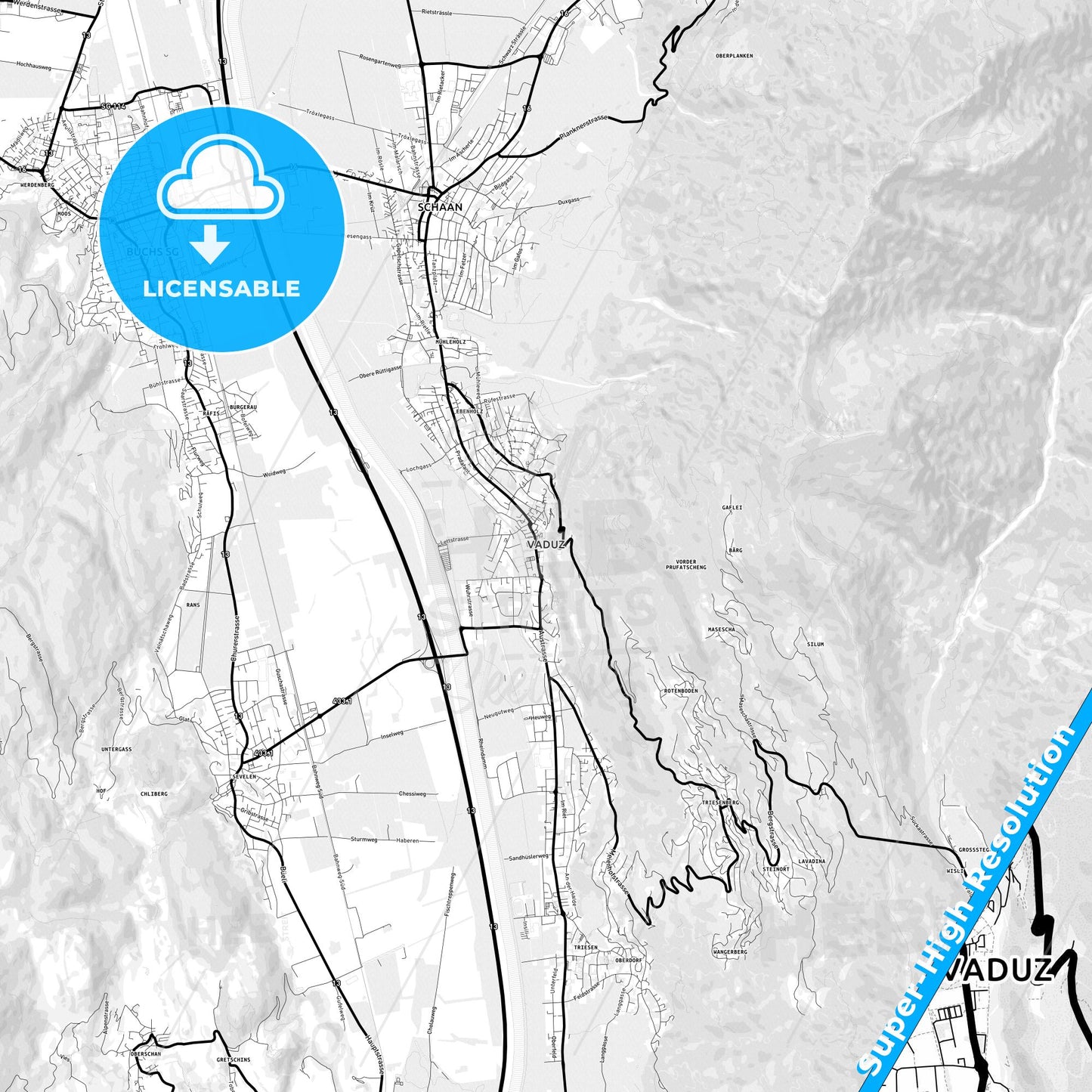 Vaduz, Liechtenstein Light Map with Street Names, City Names, and Districts