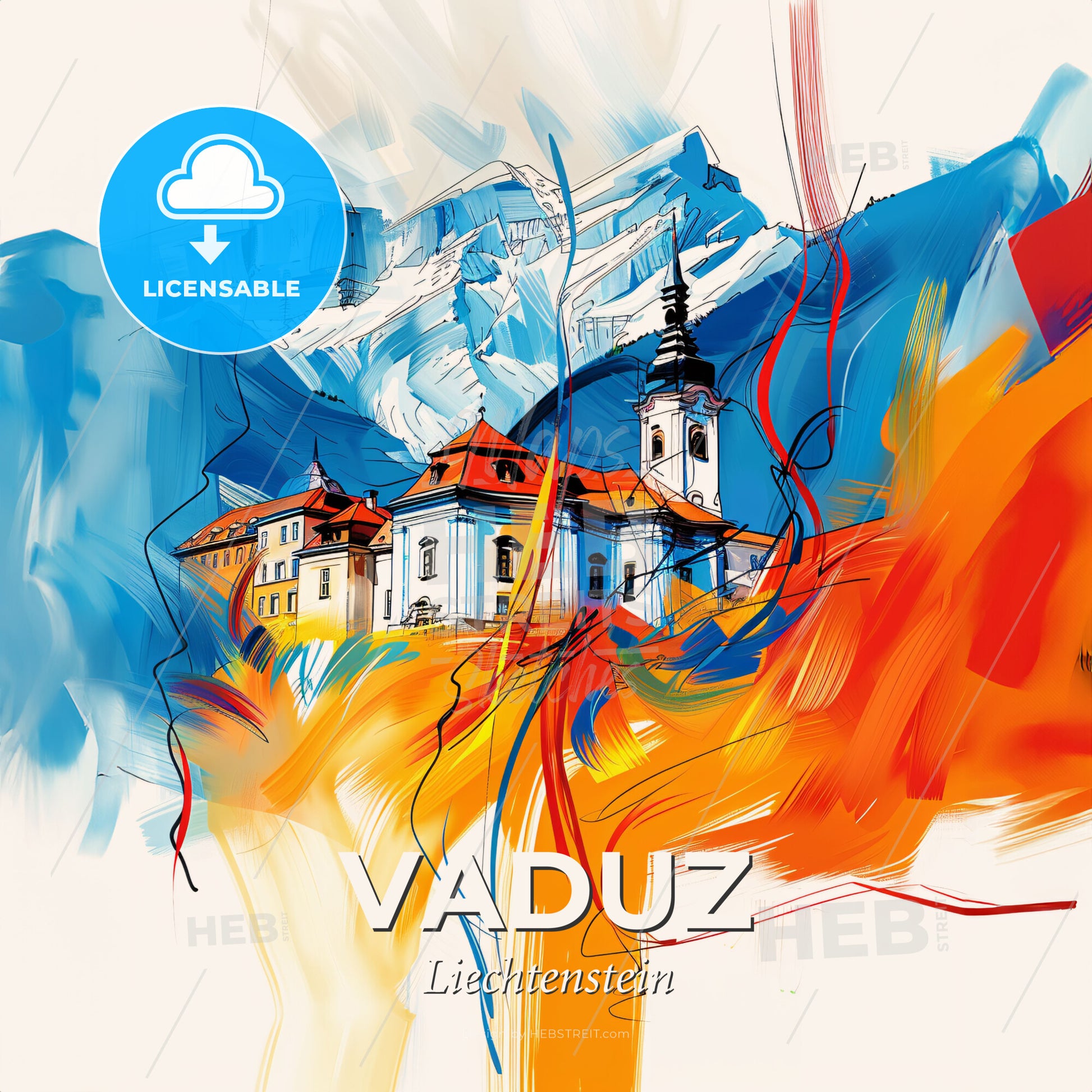 Vibrant Vaduz, Liechtenstein - A Painting Of A Building With A Steeple And A Mountain In The Background - Square format print template