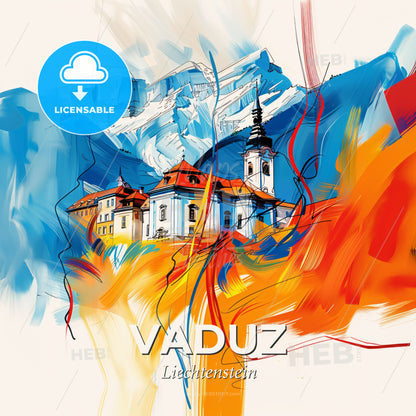 Vibrant Vaduz, Liechtenstein - A Painting Of A Building With A Steeple And A Mountain In The Background - Square format print template