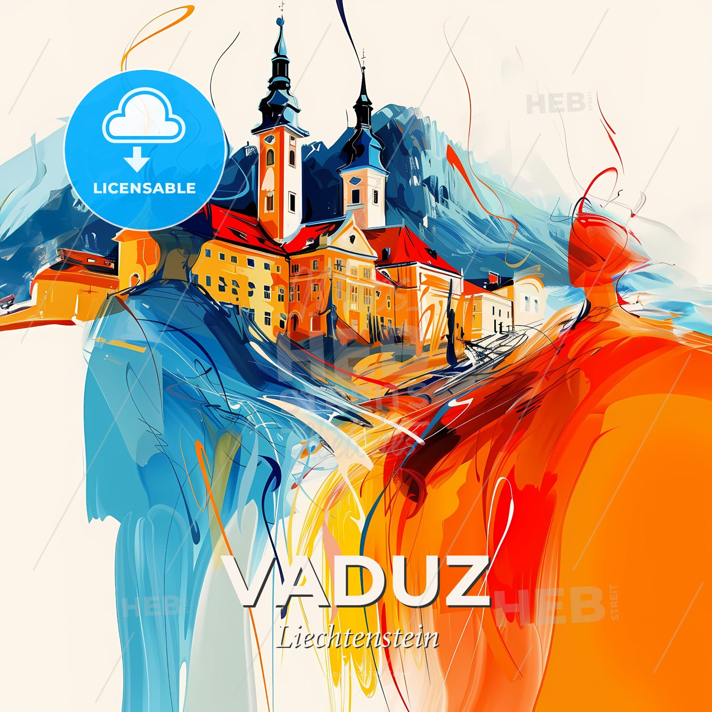Vibrant Vaduz, Liechtenstein - A Painting Of A Building With Towers And A Mountain In The Background - Square format print template