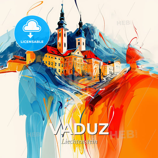 Vibrant Vaduz, Liechtenstein - A Painting Of A Building With Towers And A Mountain In The Background - Square format print template