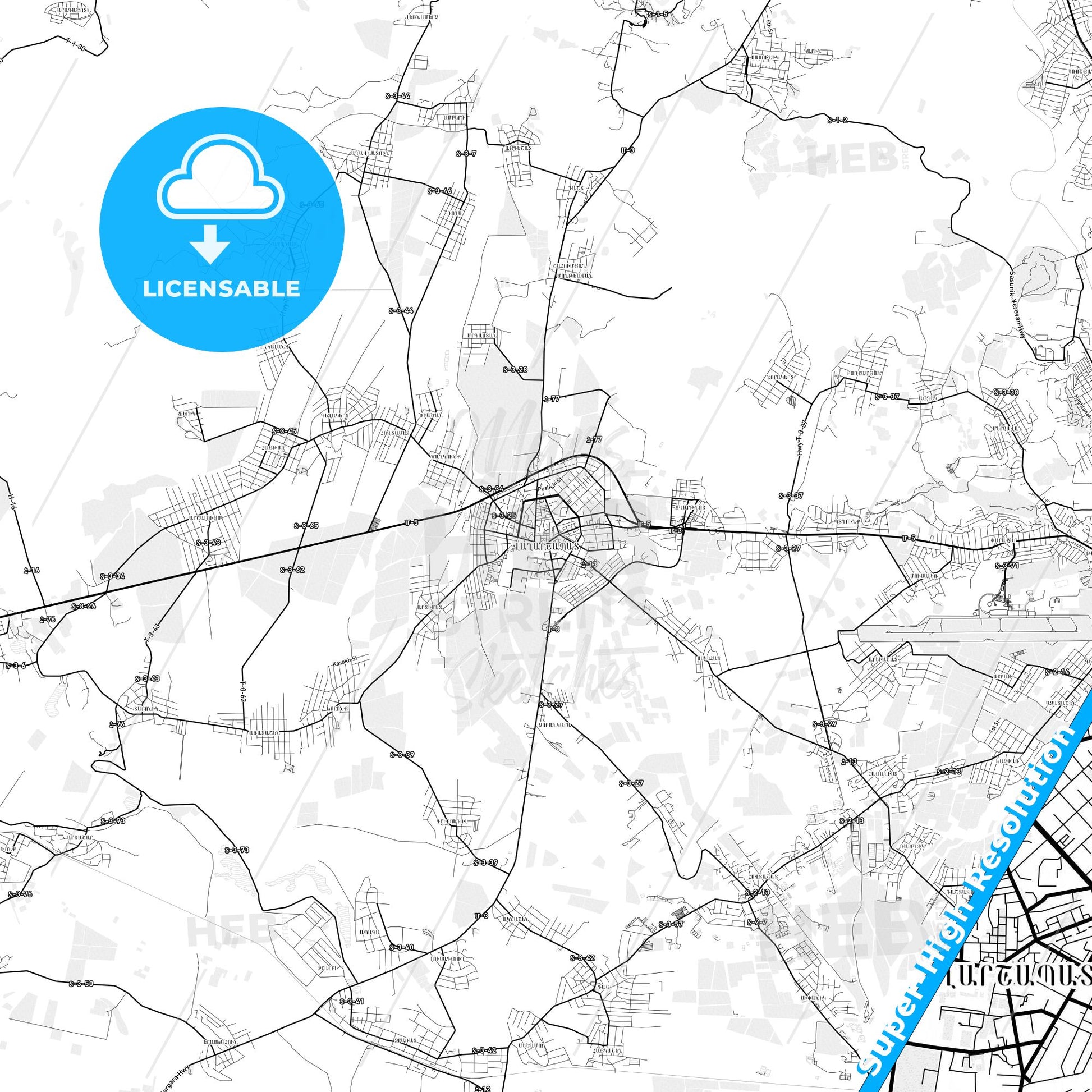 Vagharshapat, Armenia light map with streetnames, citynames and districts