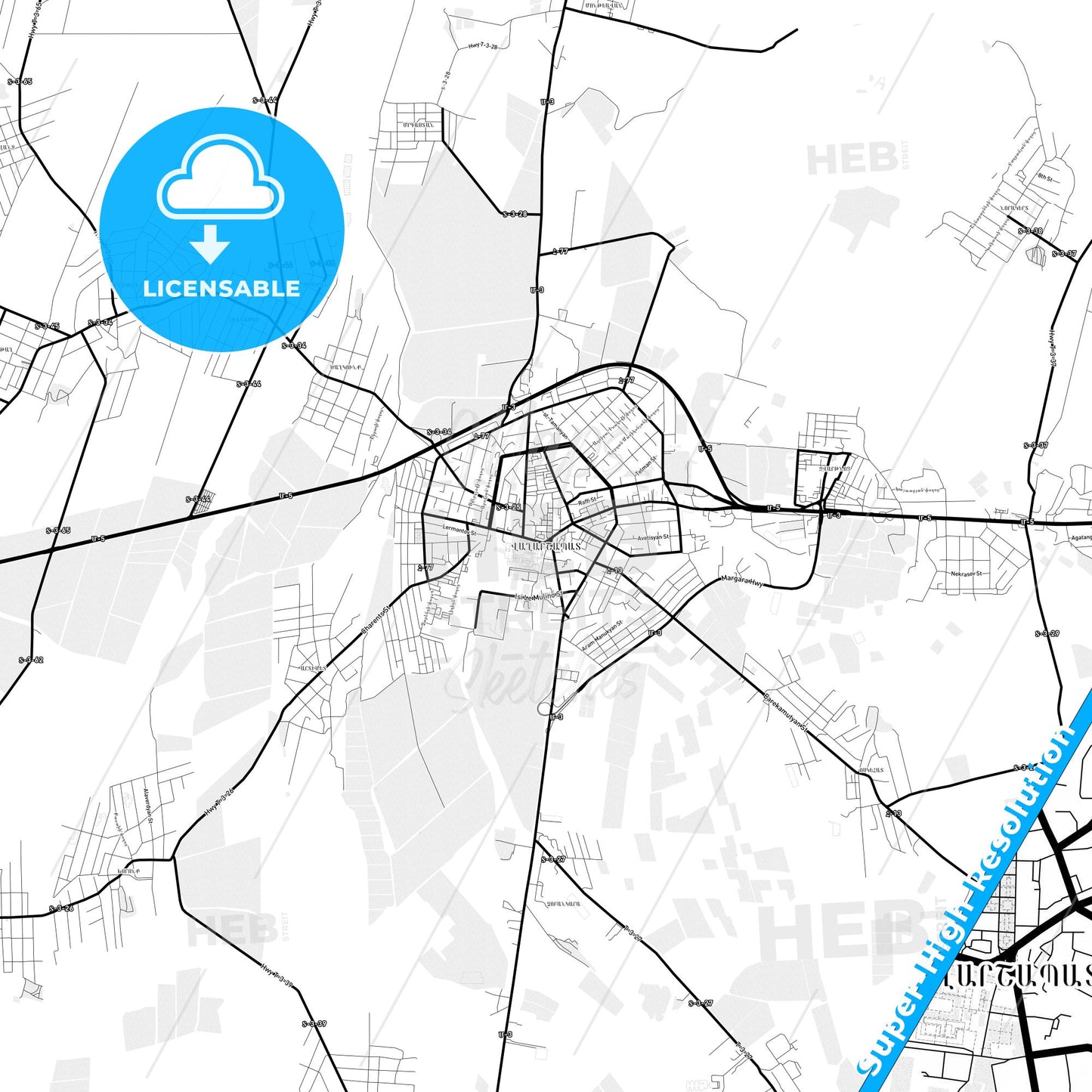 Vagharshapat, Armenia Light Map with Street Names, City Names, and Districts