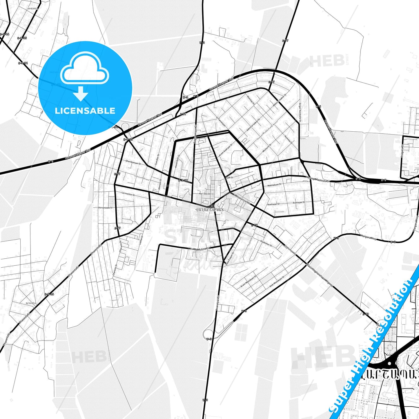 Vagharshapat, Armenia Light Map with Street Names, City Names, and Districts