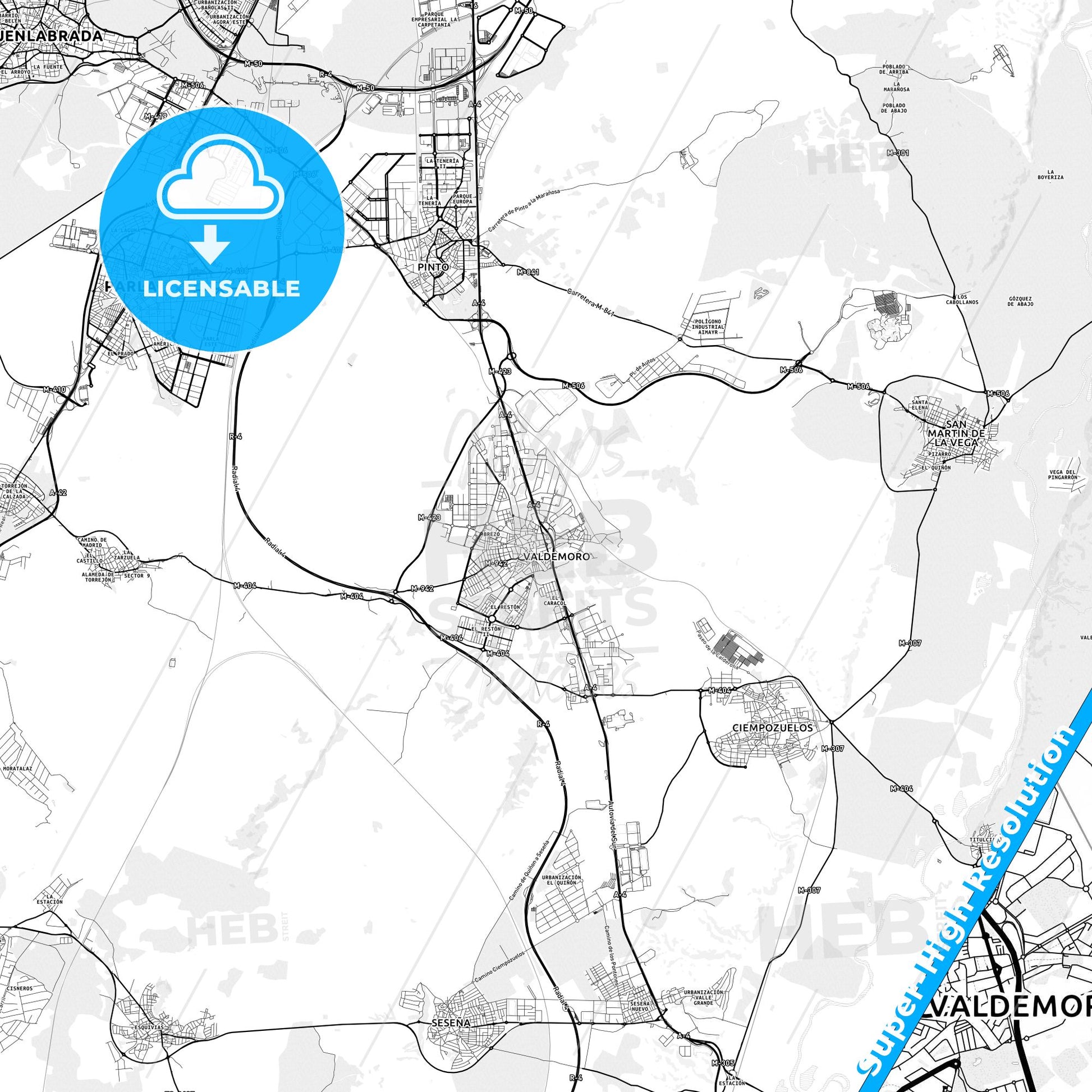 Valdemoro, Spain light map with streetnames, citynames and districts