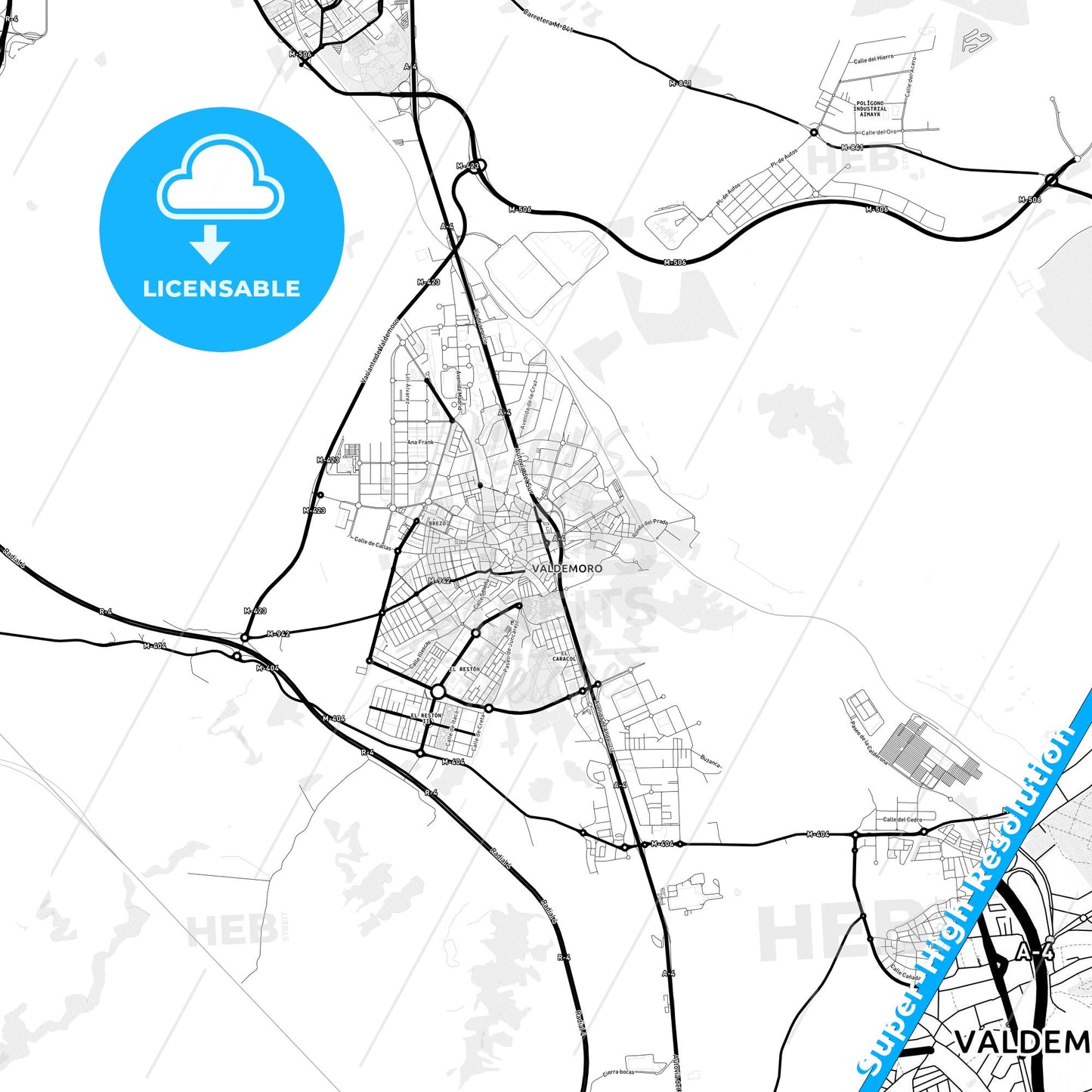 Valdemoro, Spain Light Map with Street Names, City Names, and Districts