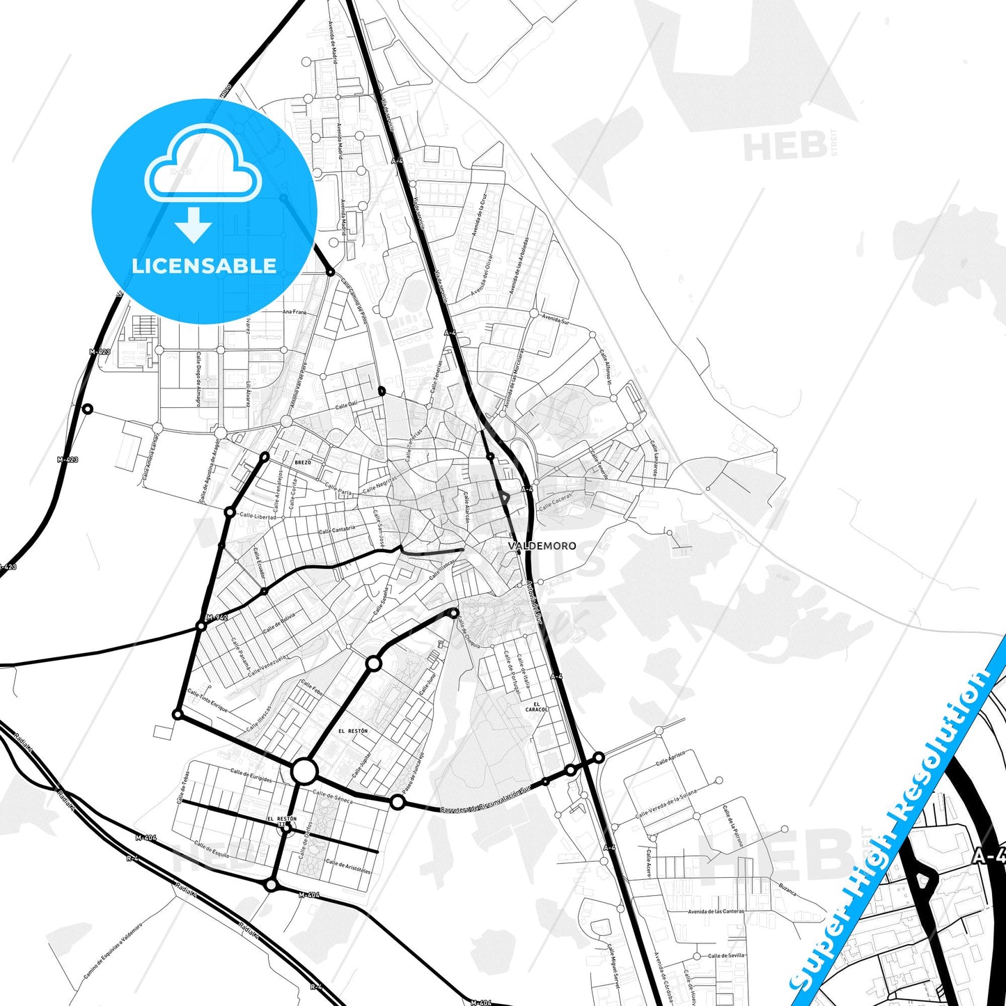 Valdemoro, Spain Light Map with Street Names, City Names, and Districts