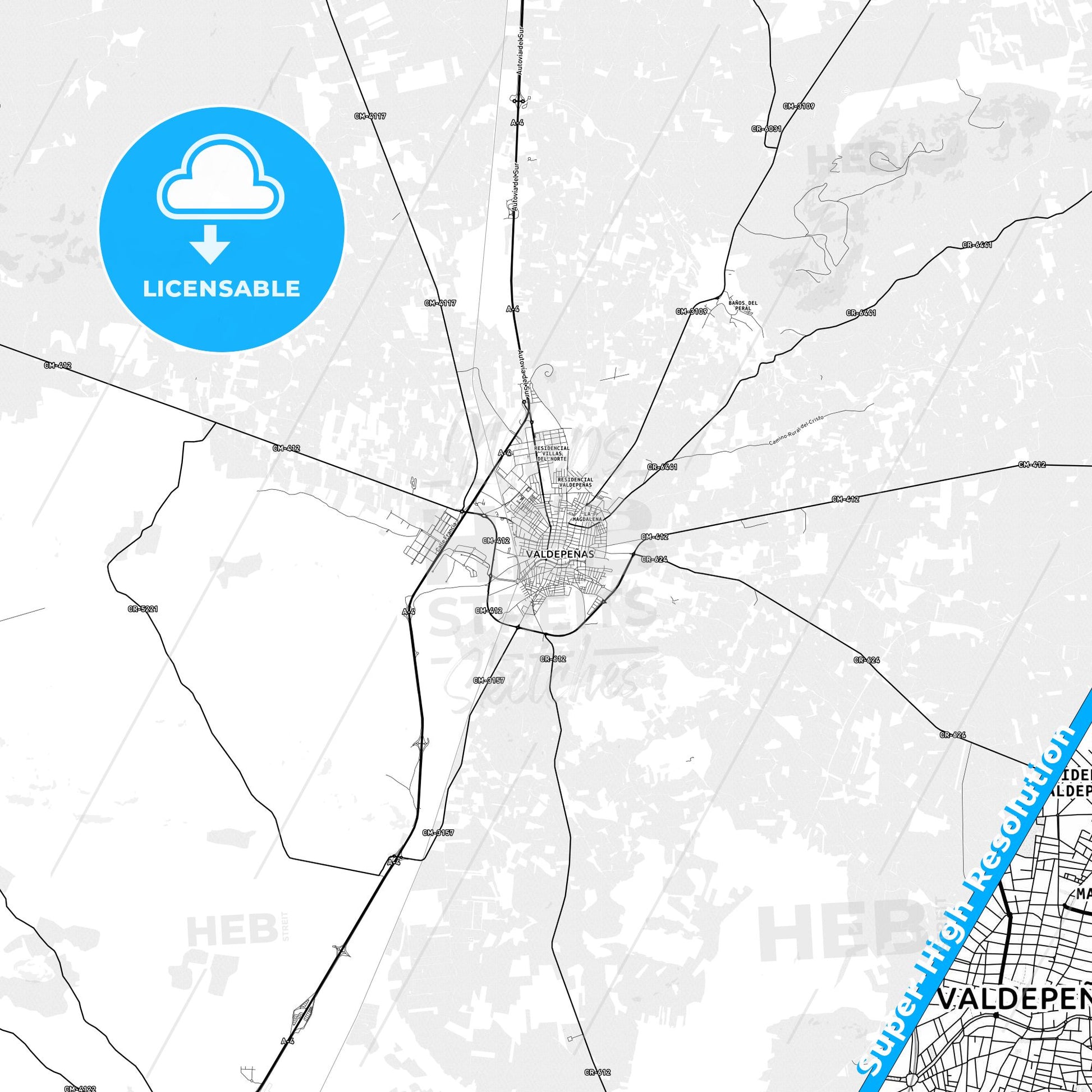 Valdepeñas, Spain light map with streetnames, citynames and districts