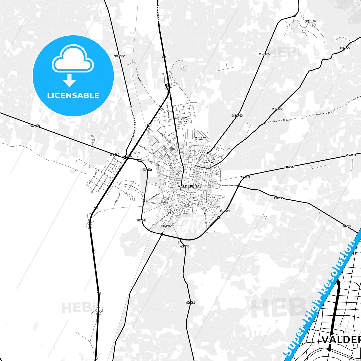 Valdepeñas, Spain Light Map with Street Names, City Names, and Districts