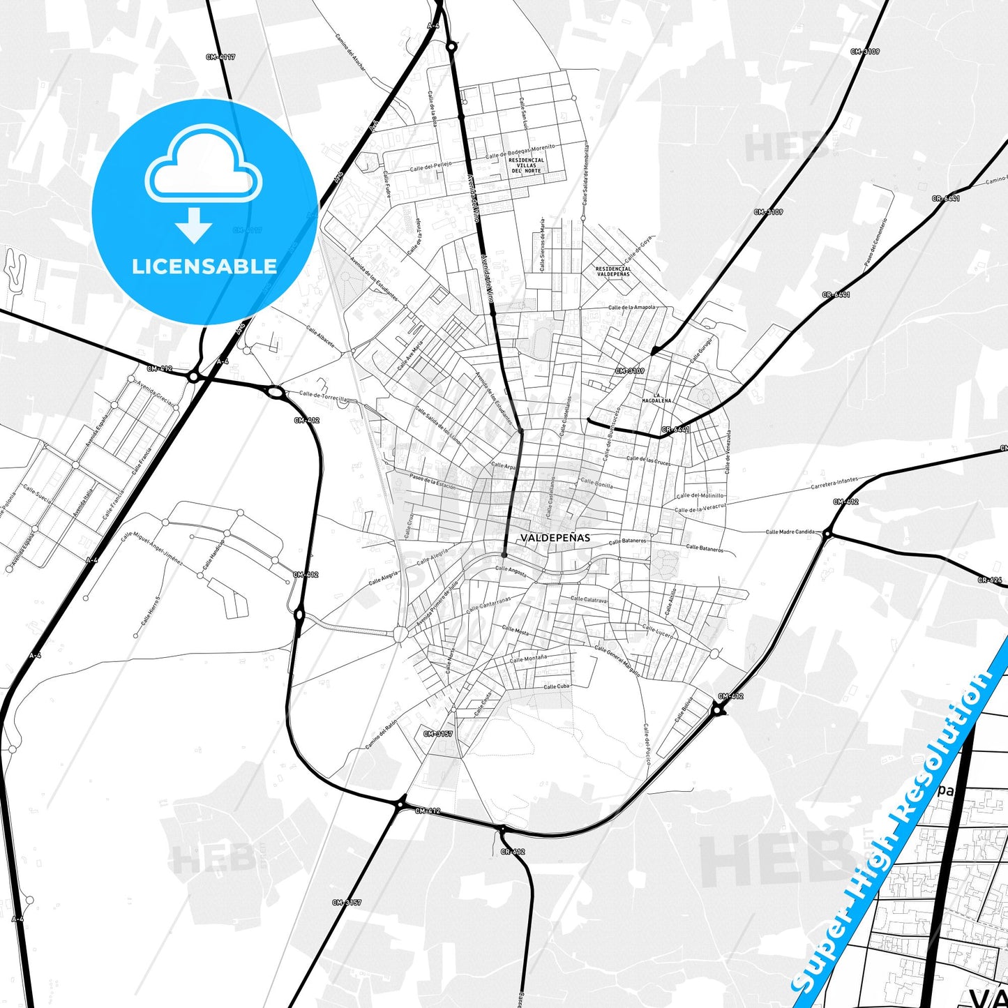 Valdepeñas, Spain Light Map with Street Names, City Names, and Districts