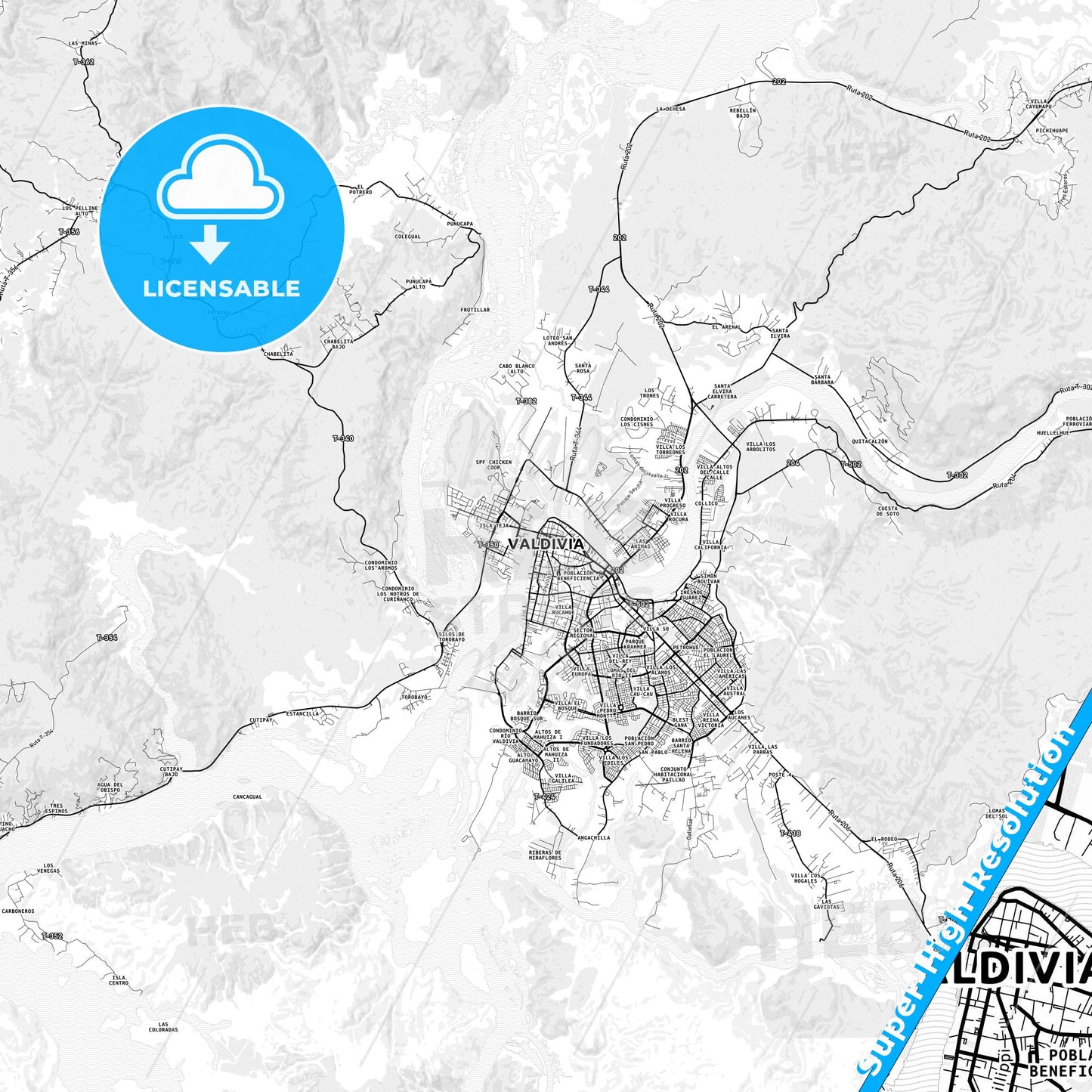 Valdivia, Chile light map with streetnames, citynames and districts