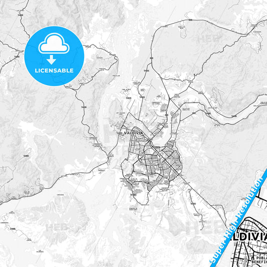 Valdivia, Chile light map with streetnames, citynames and districts