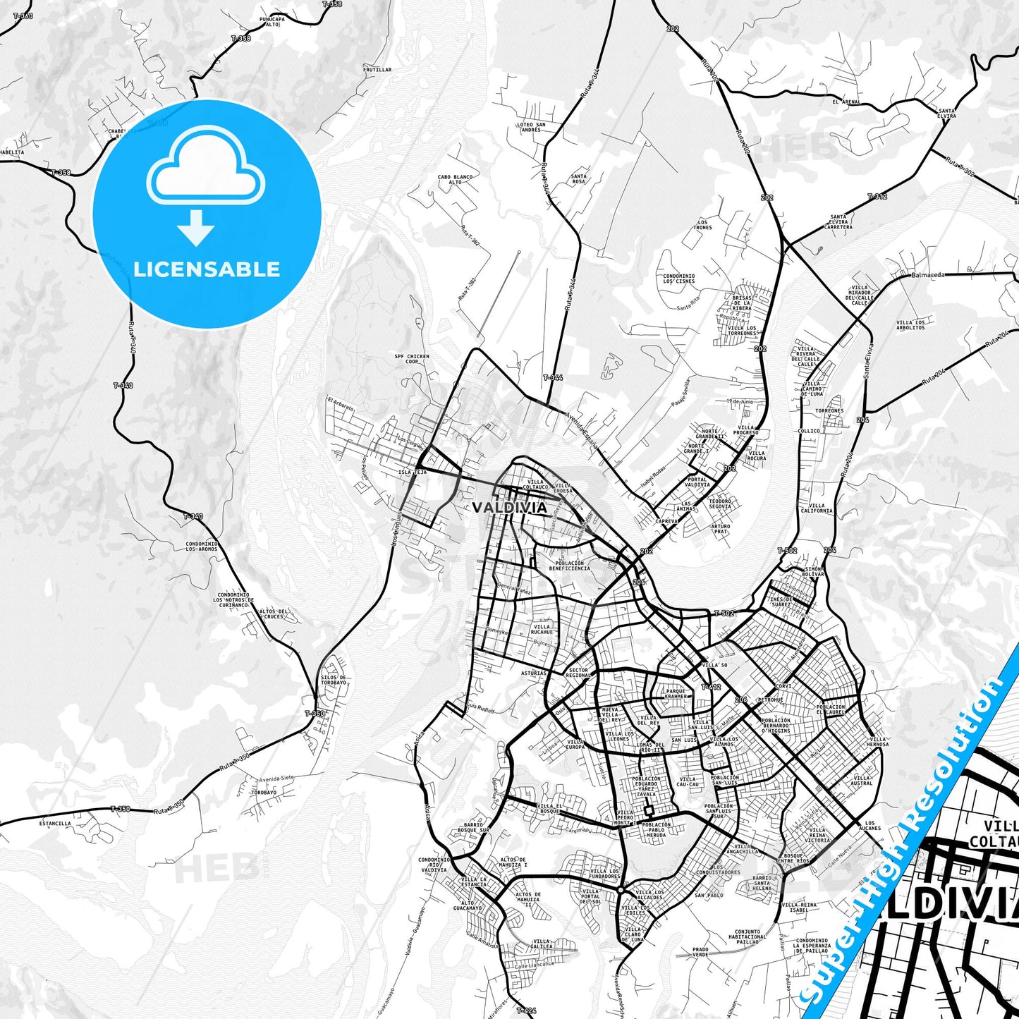 Valdivia, Chile Light Map with Street Names, City Names, and Districts