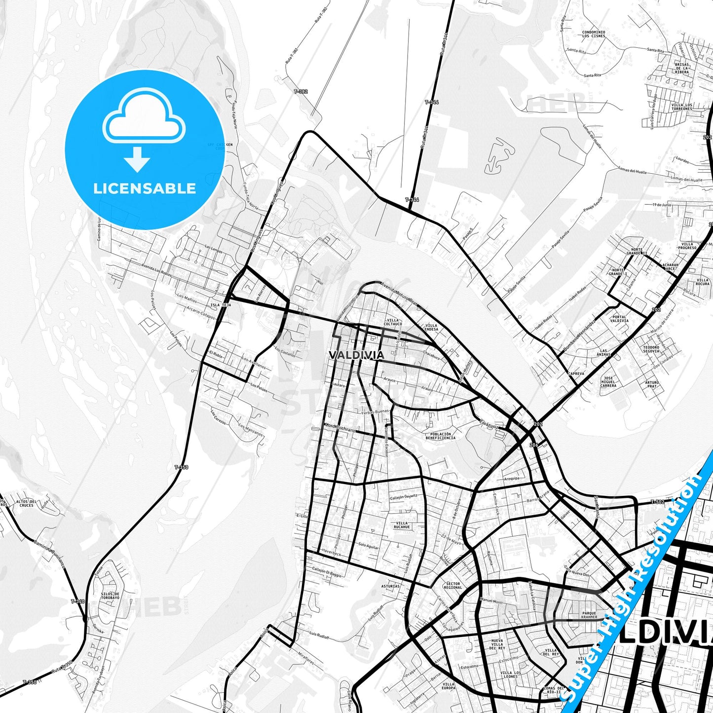 Valdivia, Chile Light Map with Street Names, City Names, and Districts