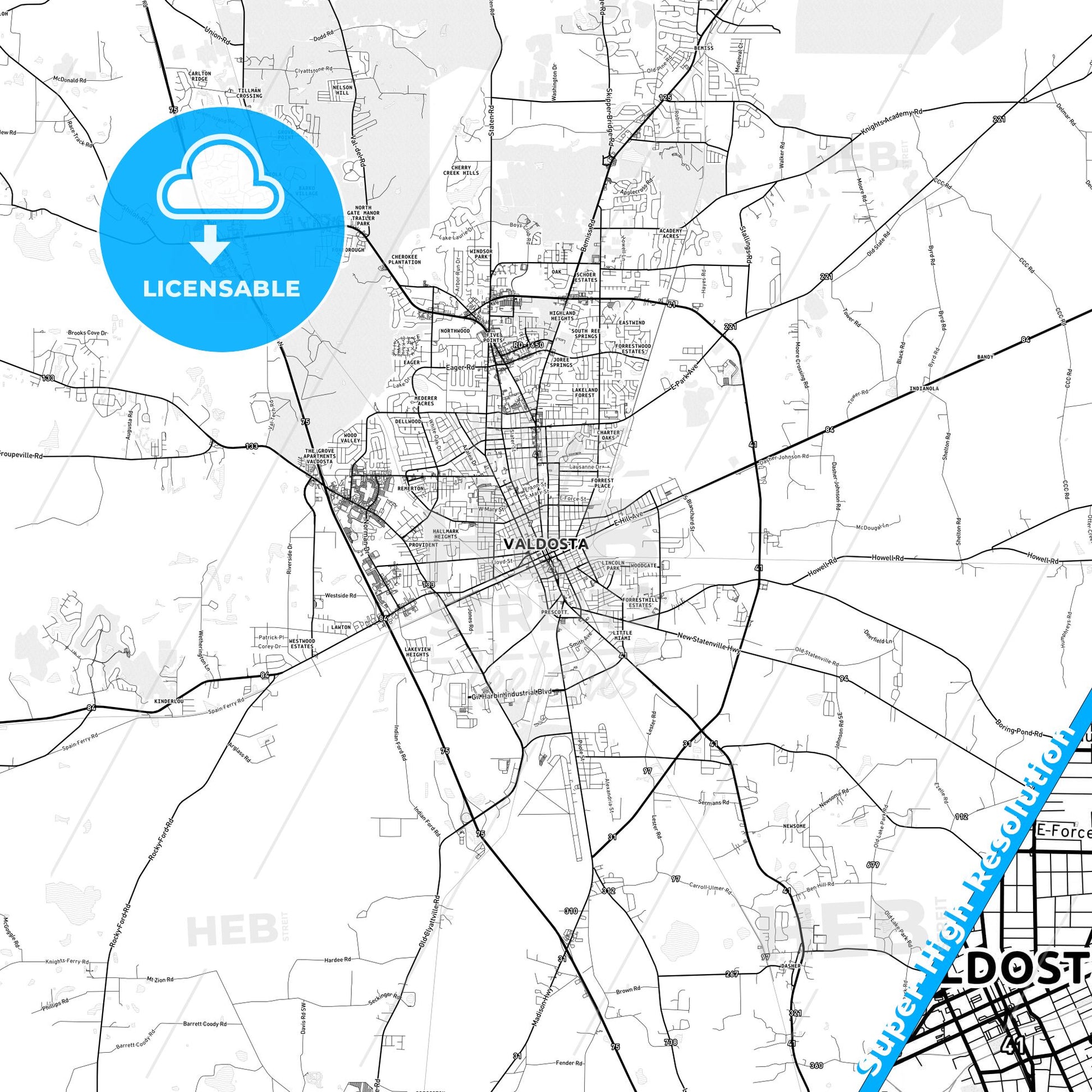 Valdosta, Georgia light map with streetnames, citynames and districts