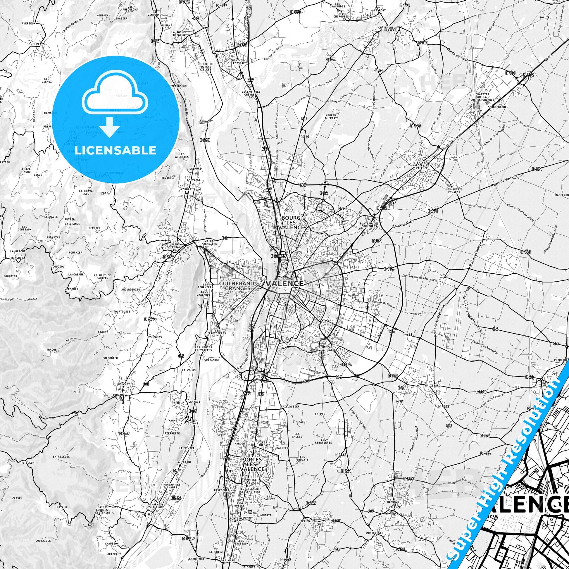 Valence, France light map with streetnames, citynames and districts
