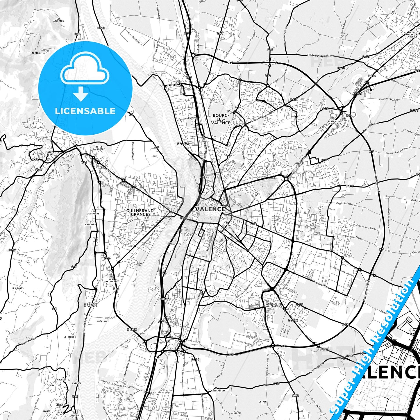 Valence, France Light Map with Street Names, City Names, and Districts