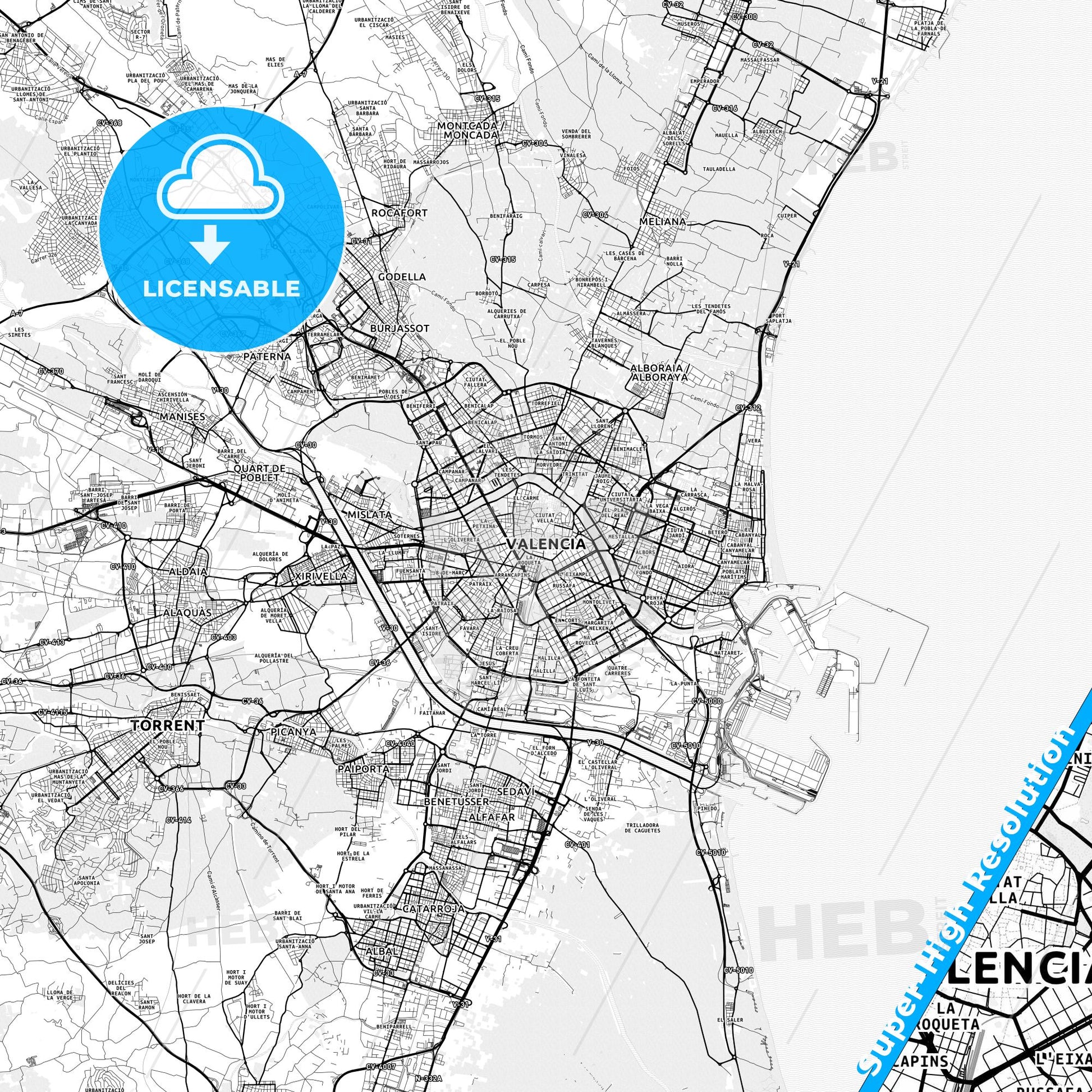 Valencia, Spain light map with streetnames, citynames and districts