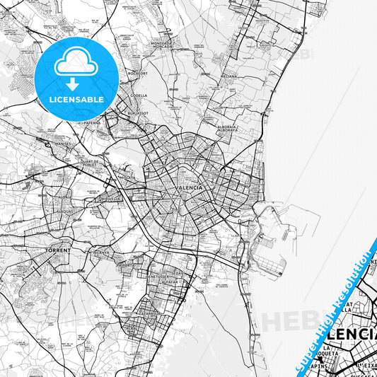 Valencia, Spain light map with streetnames, citynames and districts