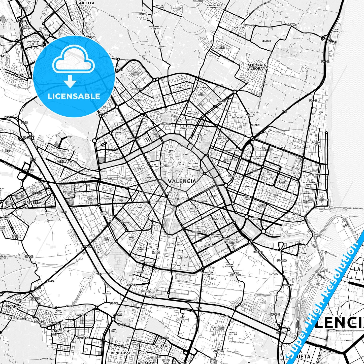 Valencia, Spain Light Map with Street Names, City Names, and Districts