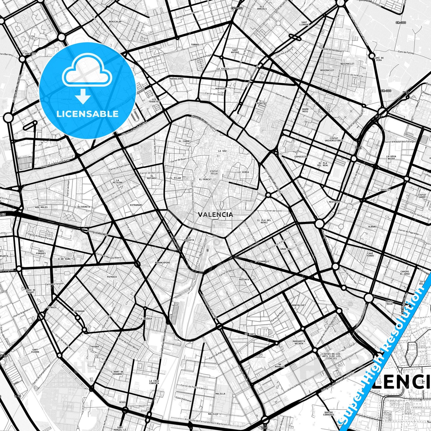 Valencia, Spain Light Map with Street Names, City Names, and Districts