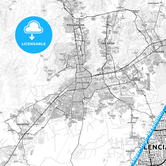 Valencia, Venezuela light map with streetnames, citynames and districts