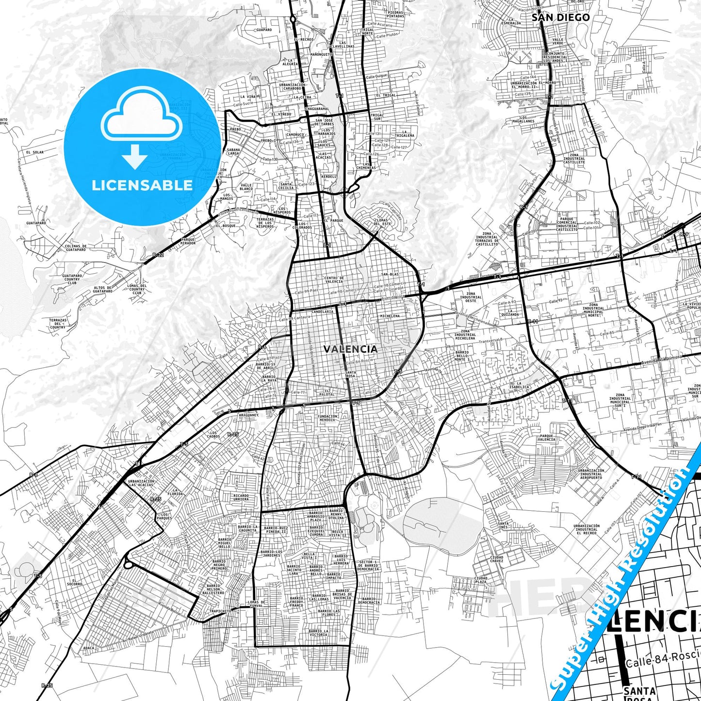 Valencia, Venezuela Light Map with Street Names, City Names, and Districts