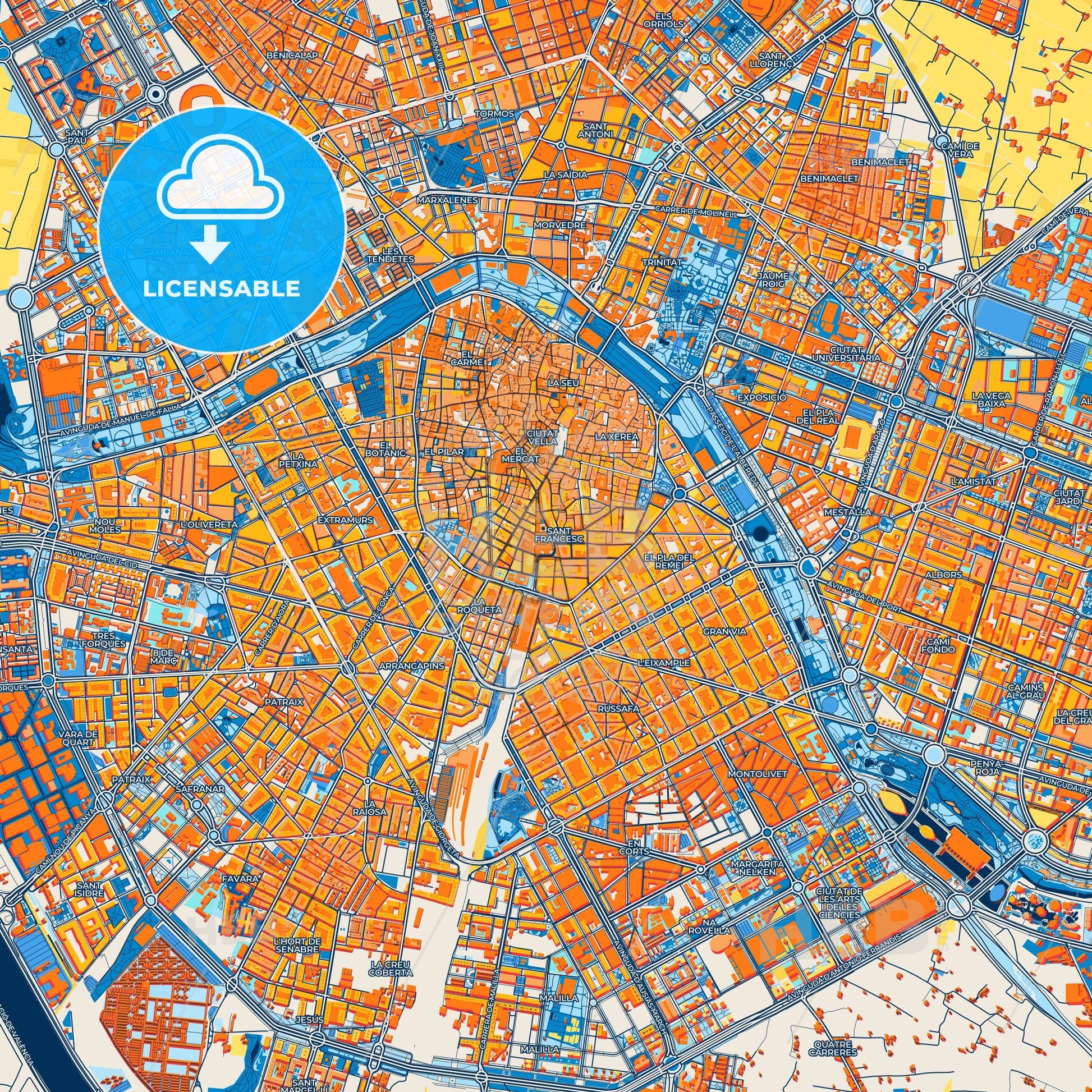 Colorful Valencia Street Map with Labels and Buildings