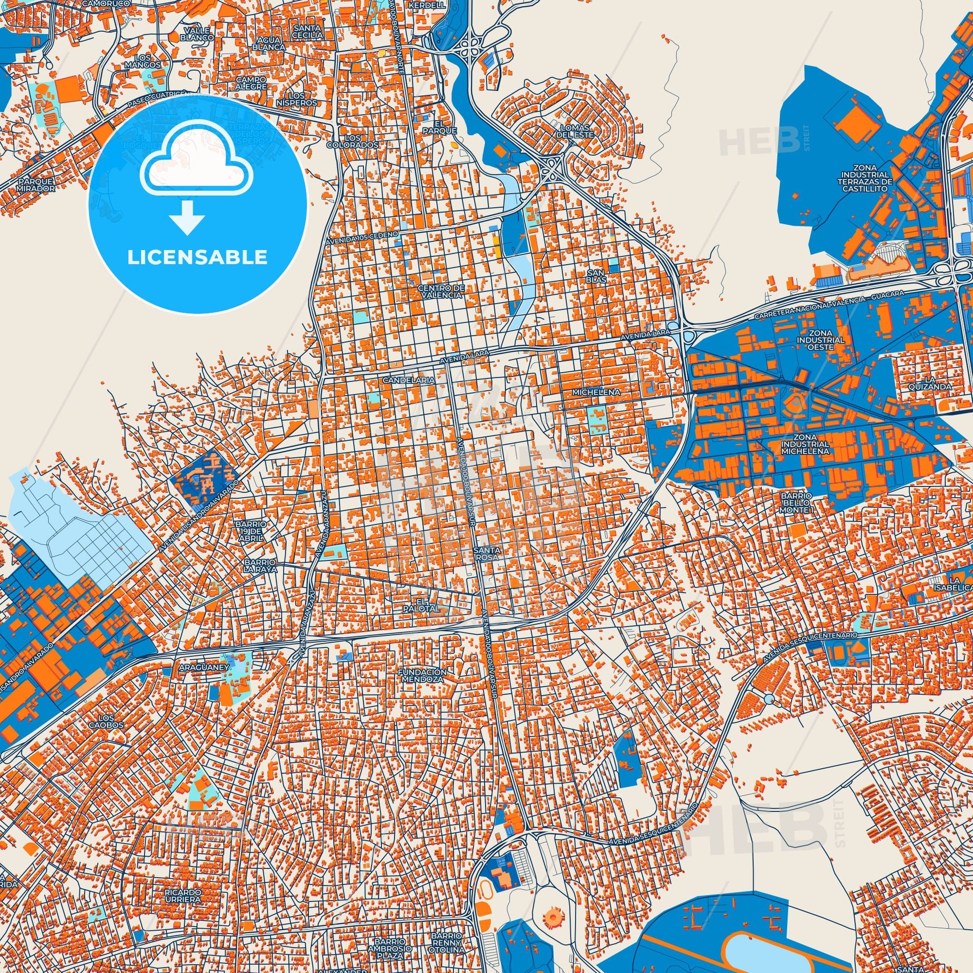 Colorful Valencia Street Map with Labels and Buildings