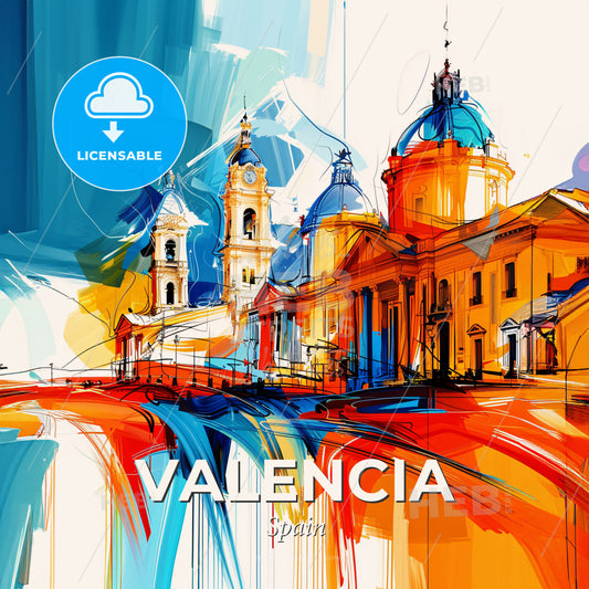 Vibrant Valencia, Spain - A Painting Of A Building With Towers And A Blue And Orange Background - Square format print template