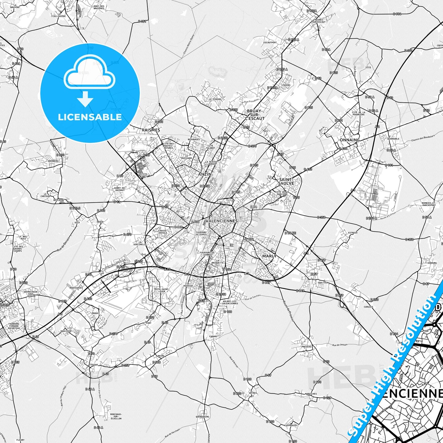 Valenciennes, France light map with streetnames, citynames and districts