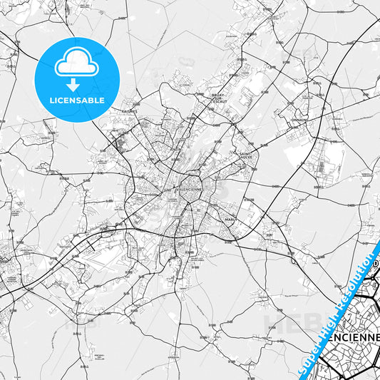 Valenciennes, France light map with streetnames, citynames and districts