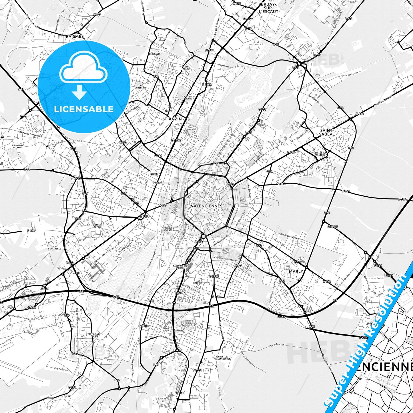 Valenciennes, France Light Map with Street Names, City Names, and Districts