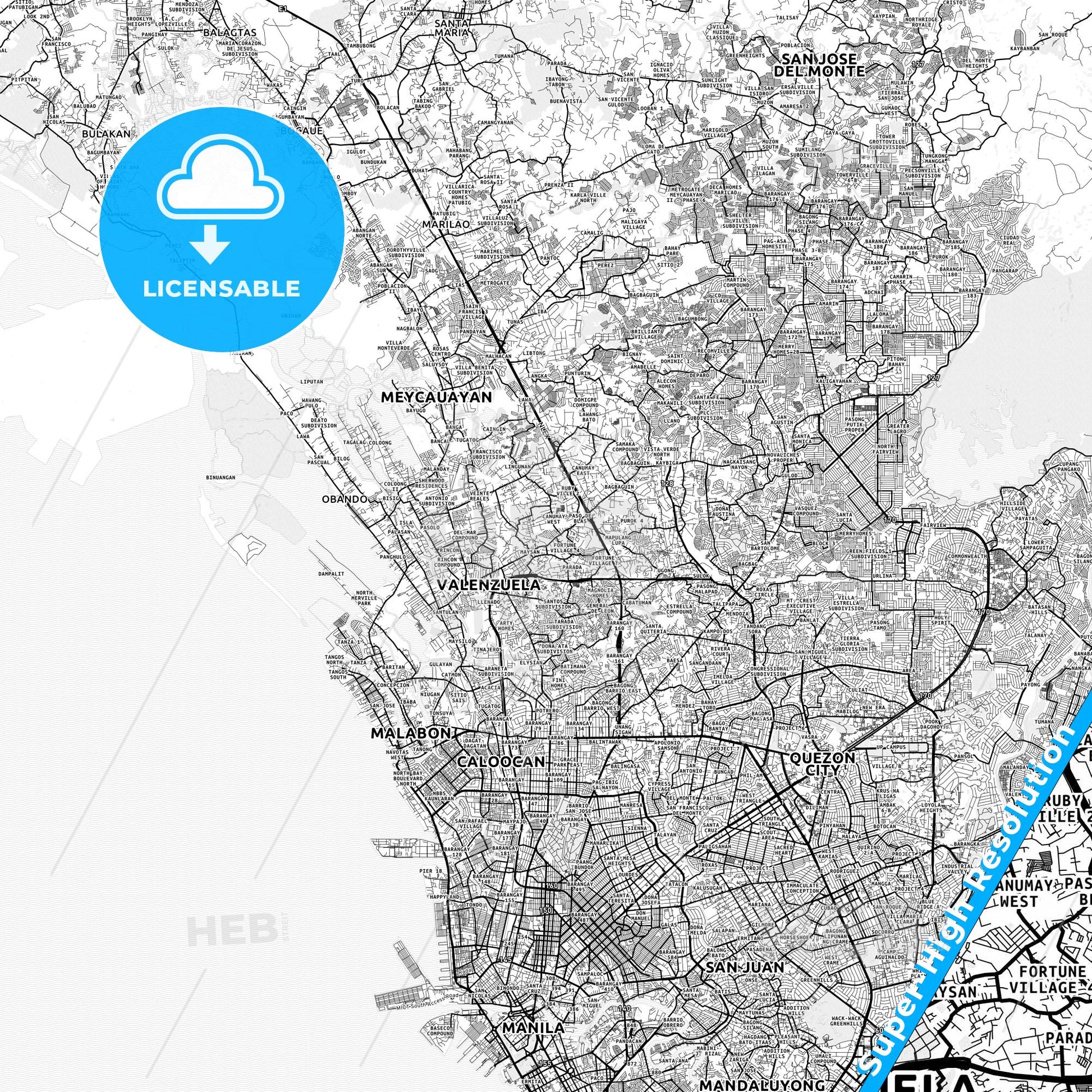 Valenzuela, Philippines light map with streetnames, citynames and districts
