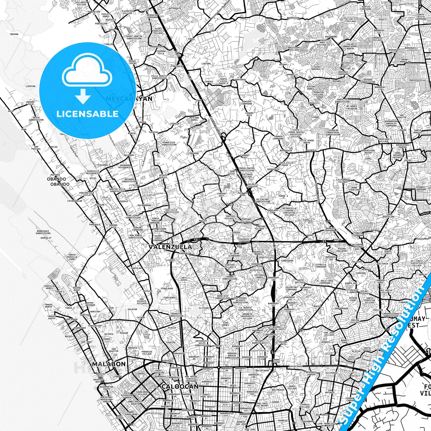 Valenzuela, Philippines Light Map with Street Names, City Names, and Districts